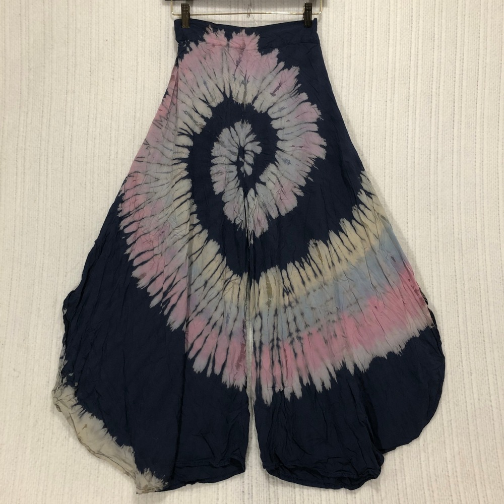 Navy Pink Tie Dye Wide Leg Palazzo Pants Boho Rayon Festival Summer One Size - Picture 2 of 8
